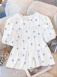Blusa de mujer talla grande con estampado de mariposa, elegante y casual, apropiada para el transporte diario, salidas y recreación.Camisa de manga corta de cuello redondo y silueta abombada. - Azul - Ver 1
