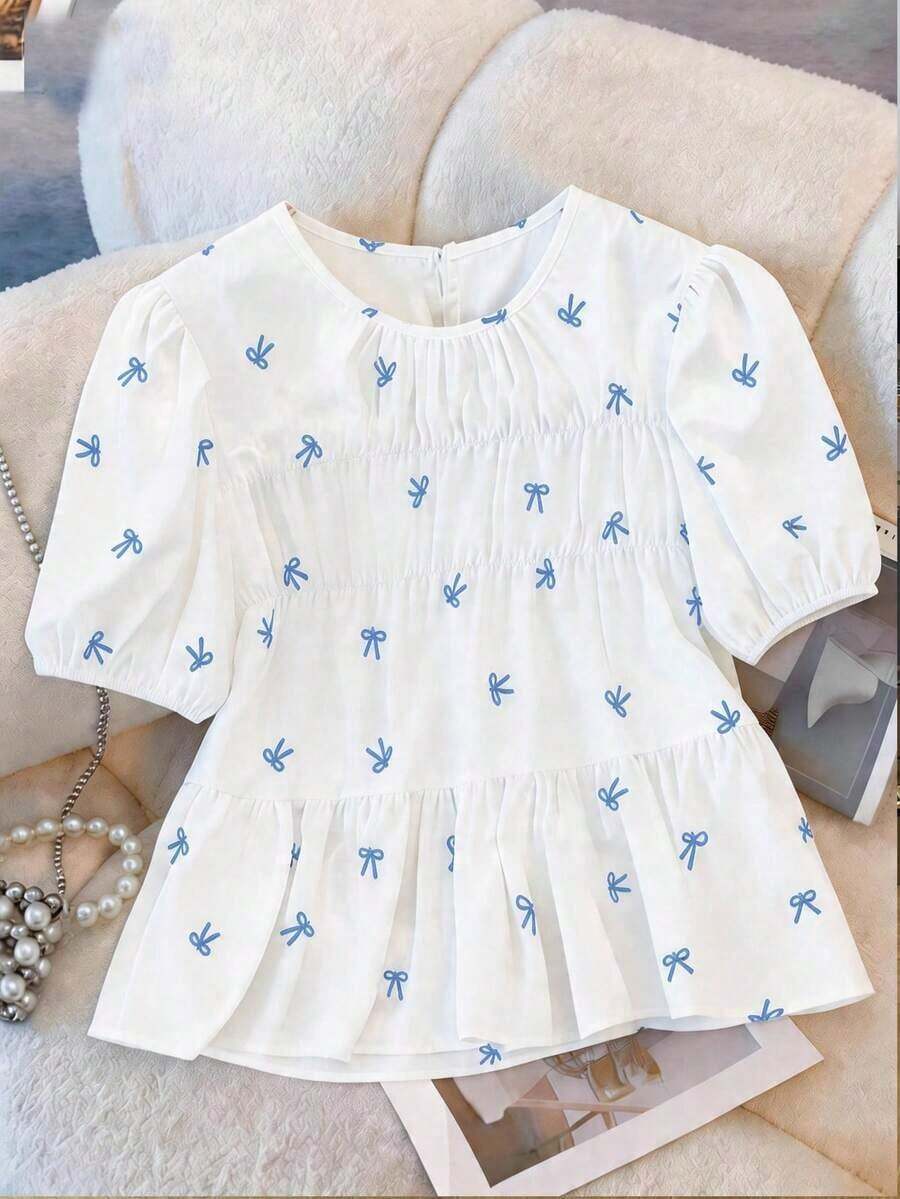 Blusa de mujer talla grande con estampado de mariposa, elegante y casual, apropiada para el transporte diario, salidas y recreación.Camisa de manga corta de cuello redondo y silueta abombada. - Azul - Ver 1