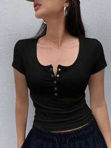 Camiseta de manga corta de ajuste slim con estampado de leopardo, top corto para mujer de uso casual en verano - Negro 2 - Ver 5