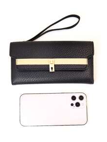 1pc Mini Handheld Wallet, Patchwork Colorblock Multi-Function Long Wallet Card Holder, Magnetic Closure Compact Soft Lightweight - Black - View 7