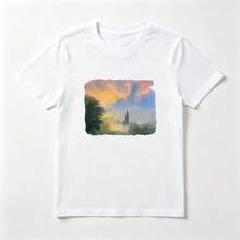 Ciudad Acuarela Playera de Algodón Blanca Atardecer Artístico - Blanco - Ver 1