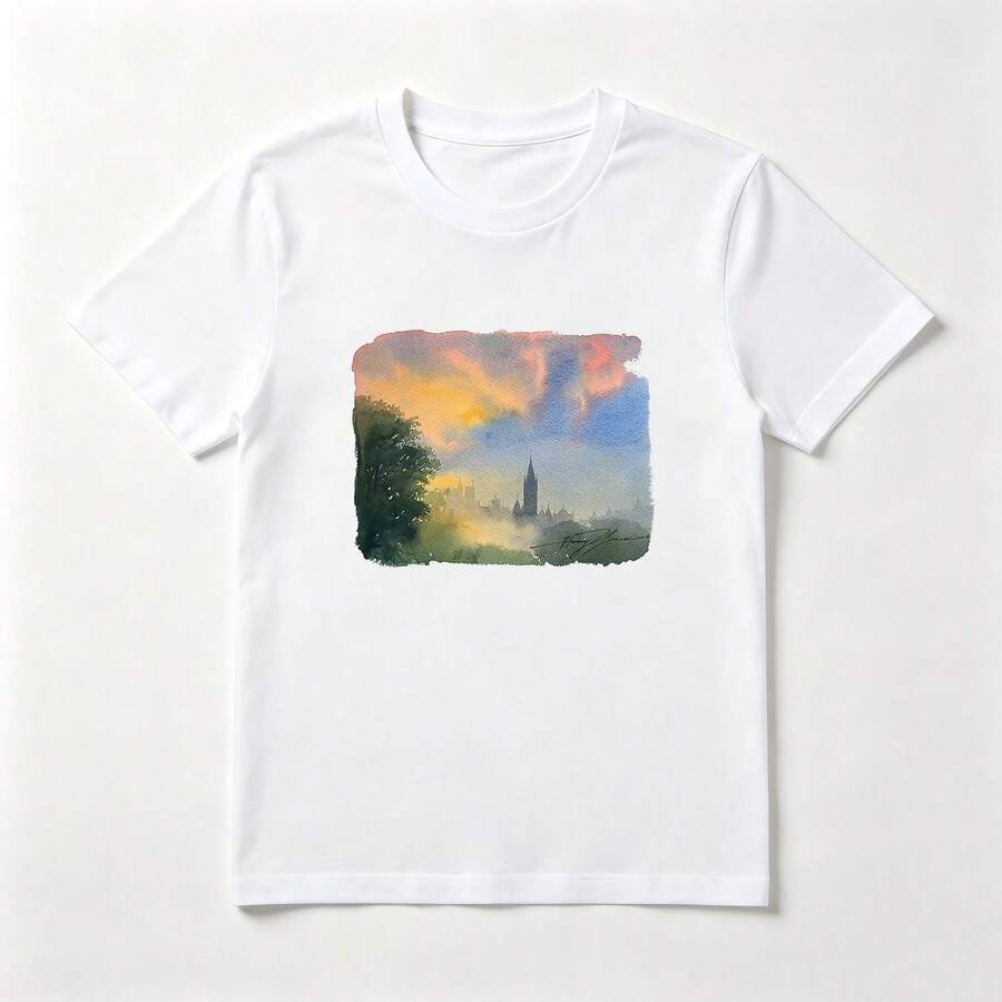 Ciudad Acuarela Playera de Algodón Blanca Atardecer Artístico - Blanco - Ver 1