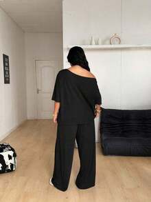 Conjunto de dos piezas de camiseta hombros descubiertos y pantalón ancho de chándal para mujer talla grande, minimalista, ropa de calle, uso diario, salir, deporte, cómodo - Negro - Ver 8