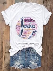 Camiseta Gráfica de Béisbol para Mujer - Manga Corta, Diseño de Puntadas Coloridas, Suave y Cómoda, Lavable a Máquina, Ideal para Looks de Primavera y Verano - Negro - Ver 6