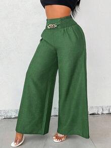 Women's Casual Wide-Leg Linen Pants With Metal Chain Detail, Autumn Style - màu xanh lá - Xem 5