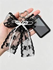 Black Lace Bow Heart-Shaped Clasp Pendant With Pearl Decor, Suitable For Bag Charm, Keychain, Can Hold ID Card, Star Card, Transit Card, Photo, Residence Permit, Etc. - Multicolor - View 5