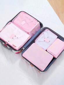 6pcs Waterproof Luggage Travel Organizer Set, Colorful Portable Zipper Packing Cubes For Clothes, Suitable For Travel, Dorm, Suitcase, Minimalist Style (All Prints & Letters Random) - Pink - View 3