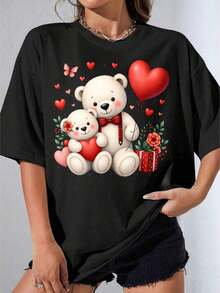 Camiseta Negra y Blanca para Niña, Camiseta con Estampado de Pareja de Osos, Corazón Blanco, Globo y Flores para el Día de San Valentín y Ocasiones Románticas, Camiseta Estampada Casual para Fiestas al Aire Libre - Estilo Vintage Urbano, Unisex, de Algodón, Manga Corta, Cuello Redondo, Blusas para Mujer. blusas.blusas casuales para dama.Impresión de osos cariñosos.Camiseta estampada Impresión de osos cariñosos. - Negro - Ver 2