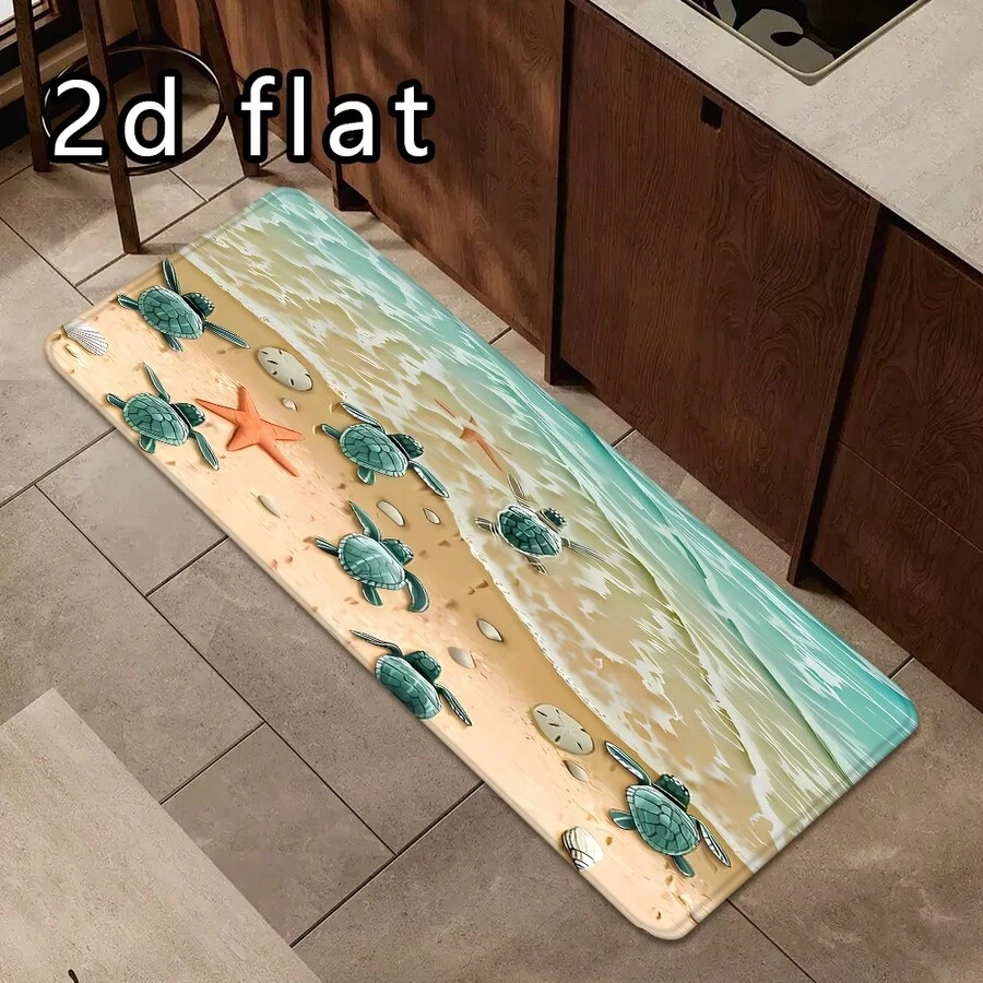 1PC/2PCS/3PCS Kitchen Floor Mats, Beach Sea Turtle & Starfish Print, Non-Slip, Water Absorbent, Soft & Comfortable, Easy To Clean, Ideal For Kitchen Decoration