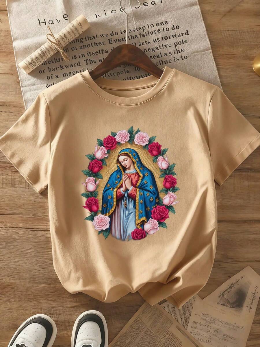 Camiseta de verano premium para mujer con estampado de la Virgen María y rosas - Unisex - 100% holgada, de manga corta y cuello redondo, ropa religiosa, con la icónica imagen de la Virgen María - Prenda de fe para uso diario, top unisex adecuado para el uso cotidiano y como regalo (lavable a máquina). - Albaricoque - Ver 1
