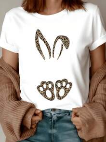 Orejas y huellas con estampado de leopardo que simbolizan la libertad salvaje y la conexión con la naturaleza representando audacia y ternura en perfecta armonía camiseta de mujer casual moderna confortable - Blanco - Ver 8