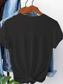 Camiseta de algodón estilo athleisure con un pequeño diseño estampado en el pecho, mangas cortas y cuello redondo, elegante, sencilla y con estilo para mujer - NC096-0323602 Absorbe la humedad, ideal para gimnasio y uso casual. - Negro - Ver 2