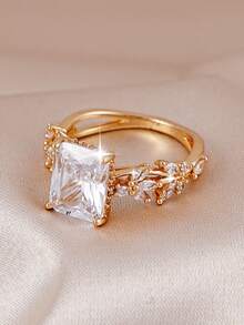 1pc Cubic Zirconia Inlaid Sparkling Ring, Suitable For Women's Daily Wear, Engagement, Wedding - Yellow Gold - View 5