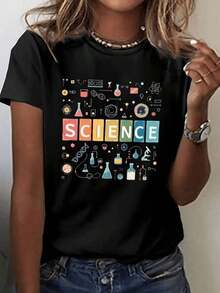 Camiseta de manga corta con estampado de laboratorio científico para damas |   Cómodo y elástico cuello redondo, ropa casual, confort para todas las estaciones, moda de primavera, lavable a máquina, ideal para eventos con temática científica.blusas para mujer>ropa - Negro - Ver 1