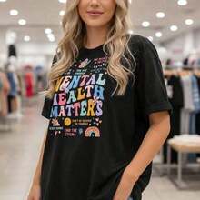 Women's Casual Cotton T-Shirt With "Mental Health Matters" Graphic Print, Short Sleeve Casual Tee With Inspirational Quotes, Colorful Print, Loose Fit, Soft Cotton Material, Everyday Wear, Mental Health Awareness T-Shirt | Exquisite Design | Loose And Comfortable | Easy To Match | Fashion - 黑色 - 查看 7