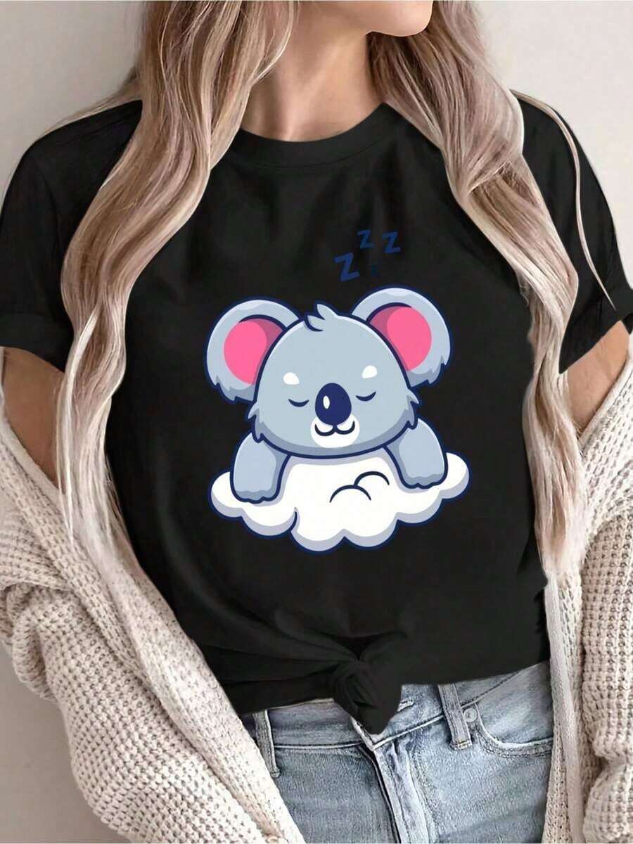 Suave, transpirable y ligera para comodidad durante todo el día. Camiseta deportiva casual de manga corta para mujer con estampado de koala durmiendo Zzz. Transpirable, de corte relajado, lavable a máquina, cómoda para todas las estaciones. Camiseta de cuello redondo. Ropa casual de calidad. Cuello redondo clásico con un corte relajado que favorece todas las formas del cuerpo y es fácil de combinar con jeans, shorts y leggings. - Negro 2 - Ver 1