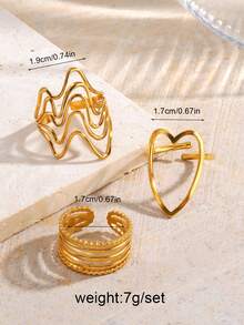 3pcs Set Stainless Steel 18K Gold Plated Minimalist Geometric Line Design Rings, Suitable For Women's Daily, Party, Holiday Gift - Gold - View 2