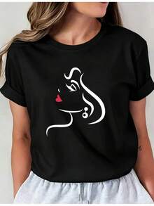 New Elegant Short Sleeve T-Shirt For Women, Spring/Summer 2026, With A Minimalist Design Of Artistic Lines, Side Prints And Red Lips, Which Enhances The Minimalist Feminine Figure, Casual Round Neck Top Artistipixianai01. - 黑色 - 查看 1