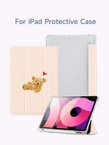 极简粉黄条纹泰迪熊图案平板电脑保护套，三折支架保护壳，兼容 iPad 10.2 英寸、iPad Pro 2021/2020、第九/十代 (A16)、11 英寸、第十一代 2025、Galaxy Tab A8 10.5 英寸 2022、Matepad 10.4/Tab，防摔，带笔槽，支持睡眠/唤醒功能，送给孩子/家人的理想礼物 - 彩色 - 查看 4