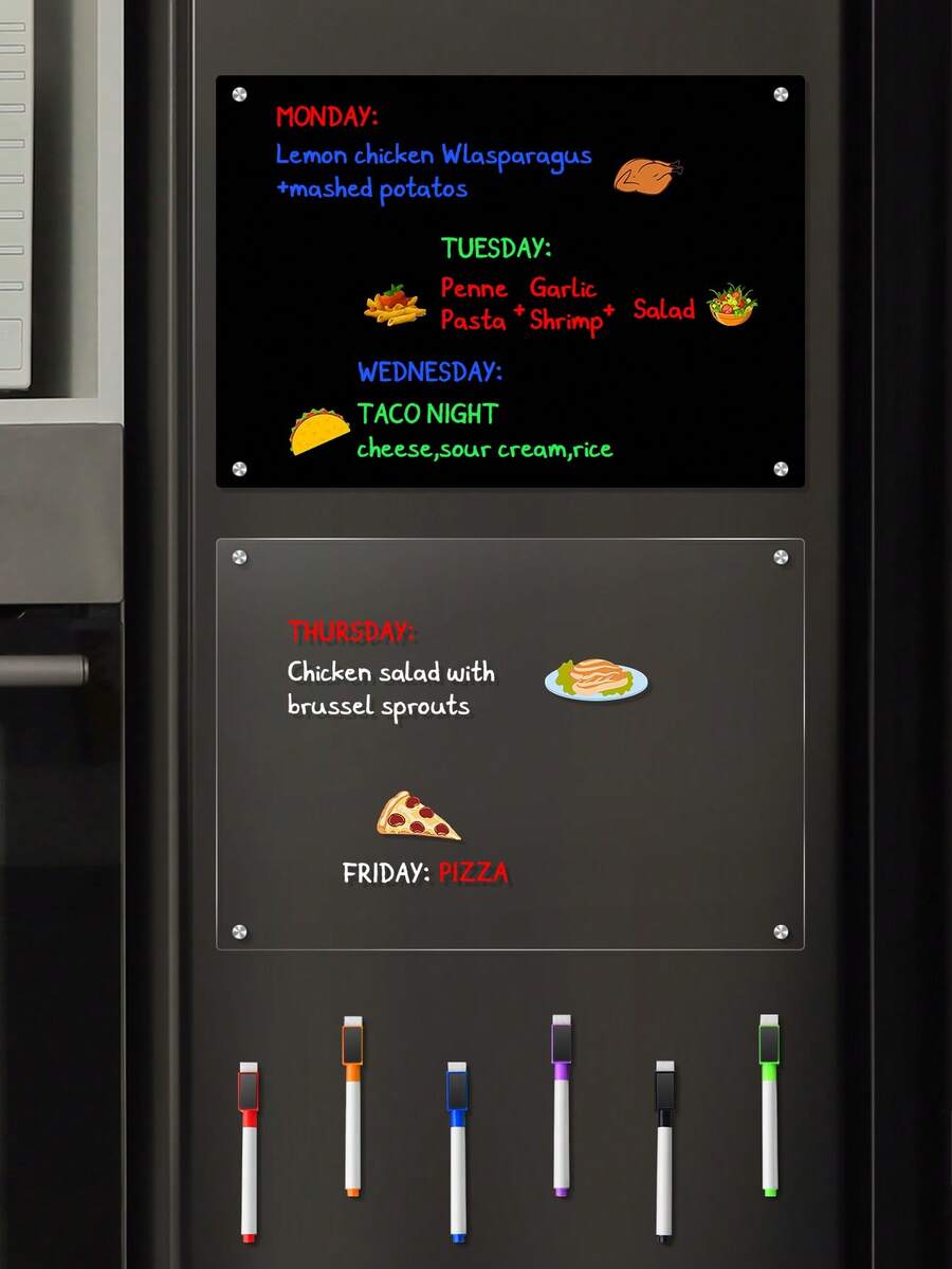 Refrigerator Magnetic Menu Planner Board, Dual-Color Erasable Acrylic Weekly Meal Planner, Home Kitchen Meal Prep Record & Decorative Message Board, Back To School - Multicolor - View 1