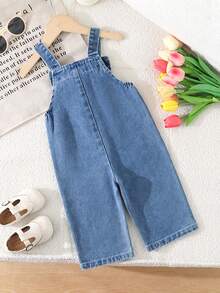 Toddler Girls Denim Overall Bow Front Wide Leg Jumpsuit Cute Baby Casual Outfit - Medium Wash - View 3