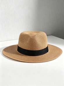 1pc Unisex Summer Sun Protection Wide Brim Straw Hat, Beach Sun Visor Panama Woven Hat For Travel & Seaside - Multicolor - View 6
