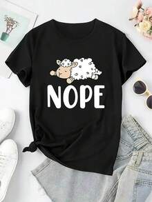 Women's Casual Sports T-Shirt With Creative English Sheep Print, Round Neck, Short Sleeves, Comfortable Summer Vacation Top, Made Of Soft Cotton For Everyday Wear. - 白色 - 查看 8