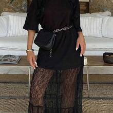 Women's Round Neck Contrast Lace Dress, Sexy Casual Knitted Fabric Dress, Spring/Summer Elegant White - Negro - Ver 8