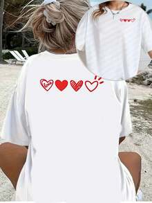 Women's Short-Sleeved T-Shirt, Sweet And Cute Style, 100% Cotton, Loose Fit, Heart Print With Multiple Designs, Breathable Casual Top, Ideal For Everyday Summer Wear And Dates, Letter Print, Modern Short-Sleeved T-Shirt For Adult Women, Breathable Fabric, Suitable For Back To School Season, Outdoor Use, Ideal Gift, . - 白色 - 查看 9
