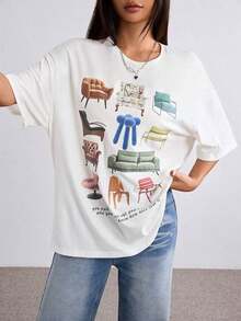 Women's Loose-Fitting T-Shirt With A Round Neck And Exquisite Print. Soft And Breathable Fabric, Comfortable To Wear, And Short Sleeves. Casual And Relaxed Fit, Versatile Style. Made From High-Quality 100% Pure Cotton (200 G). - 白色 - 查看 6