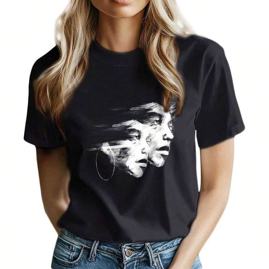 Women's Short Sleeve T-Shirts, Casual Loose Cotton T-Shirts, Cute T-Shirts, Breathable And Comfortable Summer Blouses For Women - 黑色 - 查看 1