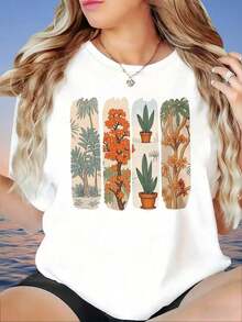 Women's Casual Tropical Plant Print T-Shirt, Summer, Loose Fit, White, With Palm Tree And Cactus Design, Women's T-Shirt, Fashion - 白色 - 查看 6