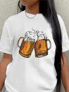 Camiseta de manga corta con estampado de vasos de cerveza, adecuada para uso casual en bares o fiestas, ligera y duradera, perfecta para usar en restaurantes o en casa, ajuste cómodo para adultos.blusas para mujer>ropa - Blanco - Ver 7