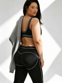 Plus Size Activewear Set, All Season, Black Seamless Fitted Yoga Set, Soft Fabric Black Leggings, Stretchy Comfortable Tank Top. Suitable For Running, Cycling, Yoga, Workout And Daily Wear. High-Density, High-Elasticity Fabric Provides Comfortable Free Movement, Suitable For All Seasons, Machine Washable Or Dry Cleanable. Sports - Black - View 5