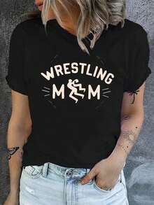 Soft, Breathable, And Lightweight For All-Day Comfort. "Wrestling Mom" Print T-Shirt, Casual Short-Sleeve Crew Neck Top, Women's Spring/Summer Clothing. Classic Crew Neck With A Relaxed Fit That Flatters All Body Types And Is Easy To Pair With Jeans, Shorts, And Leggings. - 黑色 - 查看 1