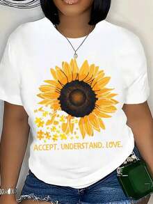 Sunflower Autism Awareness T-Shirt, "Accept, Understand, Love" Graphic Tee For Women And Men, Summer Casual Wear, Autism Awareness Day Gift, 220g - Urban Vintage Style, Unisex Short Sleeve Crew Neck T-Shirt, 100% Pure Cotton. - 白色 - 查看 3
