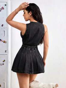 Vestido informal de mezclilla sin mangas con cuello redondo, abotonadura única y bajo plisado para mujeres - Negro - Ver 2
