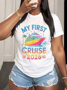 "My First Cruise 2026" T-Shirt For Women, Summer Travel Gift For Cruise Celebration, Casual T-Shirt, 220g - Urban Vintage Style, Unisex, Loose Fit, Cotton, Short Sleeve, Crew Neck, 100% Pure Cotton - 白色 - 查看 3