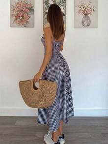 Vestido a media pantorrilla con tirantes a cuadros para mujeres, de moda y apropiado para el verano - Azul marino - Ver 4
