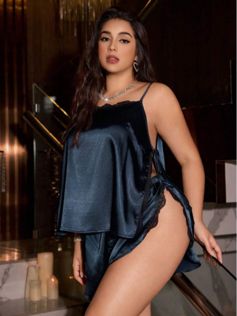 Plus Size Women's Elegant Sexy Lace Patchwork Split Strap Camisole + Split Shorts Pajama Loungewear Set - Navy Blue - View 1