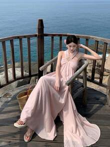 New Women's Long Summer Dress, Pink, 'pure And Sexy' Style, Elegant And Sophisticated, Holiday, Exclusive, Designer, Halter Neck, Flattering, Perfect For Vacation, Beach And Fairy Looks - 粉色 - 查看 8