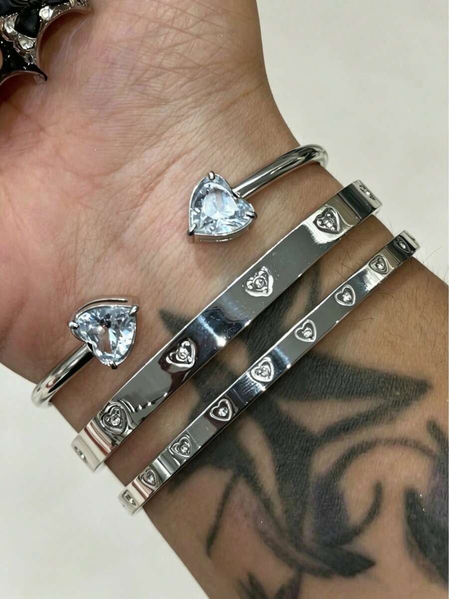 Bộ 3 vòng tay bằng thép không gỉ mạ vàng 18K hình trái tim đính pha lê, thích hợp cho nữ đeo hàng ngày, làm quà tặng ngày lễ, bộ vòng tay thời trang.