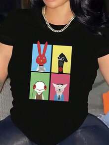 Women's Short-Sleeved T-Shirt With Round Neck And Cartoon Print Design. - 黑色 - View 1