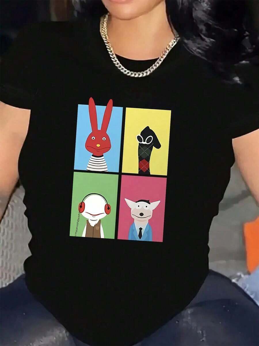 Women's Short-Sleeved T-Shirt With Round Neck And Cartoon Print Design. - 黑色 - View 1