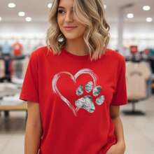 Women's Pure Cotton T-Shirt With Heart And Paw Print, Short Sleeve, Round Neck, Casual Style, Soft And Breathable, Available Sizes, Perfect For Pet Lovers, Daily Wear, Summer Fashion, Loose And Comfortable Fit. - 紅色 - 查看 7