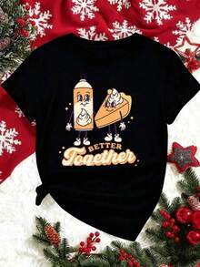 100% Cotton. High-Quality T-Shirt With A Thanksgiving Cake And Whipped Cream Print, Crew Neck, Relaxed Fit, Comfortable And With A Unique Graphic Print. Women's Simple Solid Color T-Shirt, Loose And Slim Fit Casual Short Sleeve - 黑色 - 查看 3