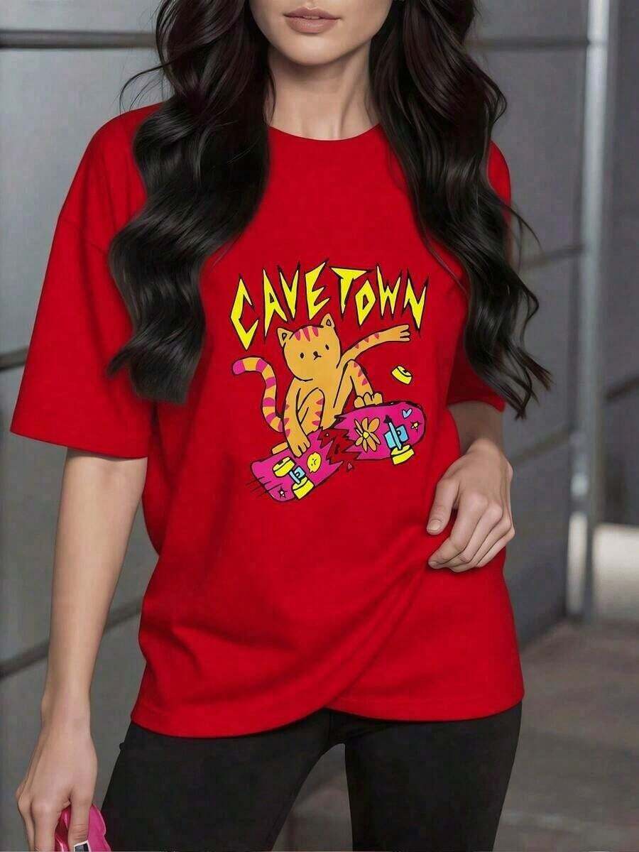 Women's Blouses. Women's T-Shirt With A Tiger Print On A Broken Skateboard. Fun And Original Design, Ideal For A Casual And Modern Look. Suitable For Spring, Summer And Autumn. - 紅色的 - 查看 1