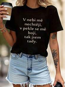 Women's Blouses. Czech Paradise Doesn't Want Me, But Hell Fears Me, So Here I Am. Women's Letter Print T-Shirt, Casual Short Sleeve Round Neck Top, Women's Clothing For Spring-Summer. - 黑色 - 查看 3