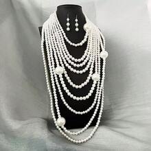 Bộ hai món, một dây chuyền và một đôi bông tai, bộ trang sức dây chuyền ngọc trai công nghiệp nặng kiểu Âu và Mỹ, bộ dây chuyền tua rua ngọc trai giả nhiều lớp. - Trắng 4 - Xem 3