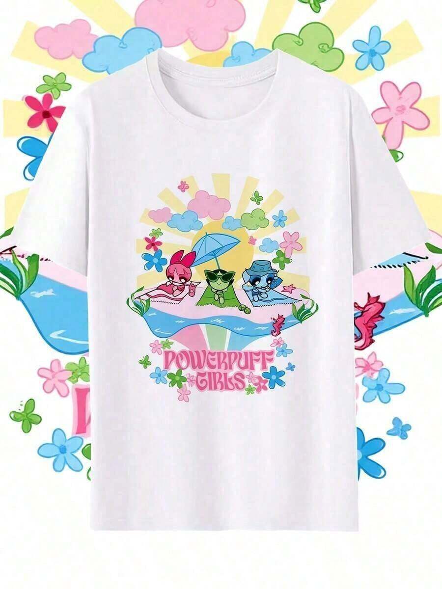 1 Piece Women's Crew Neck T-Shirt The Powerpuff Crew | Soft And Durable Fabric, Casual Outdoor Style, Everyday Comfort, Short Sleeve, Sizes S-XXL, New Arrival, Great, Ideal For Spring/Summer/Autumn, 180g 100% Cotton. - 白色 - 查看 1